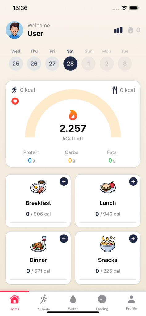 Home — Calorie summary and meal cards